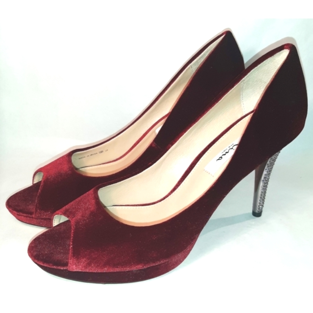 Nina, Fiesta, Evening Peep-Toe Heels, Merlot, Burgundy, Rhinestone Heels